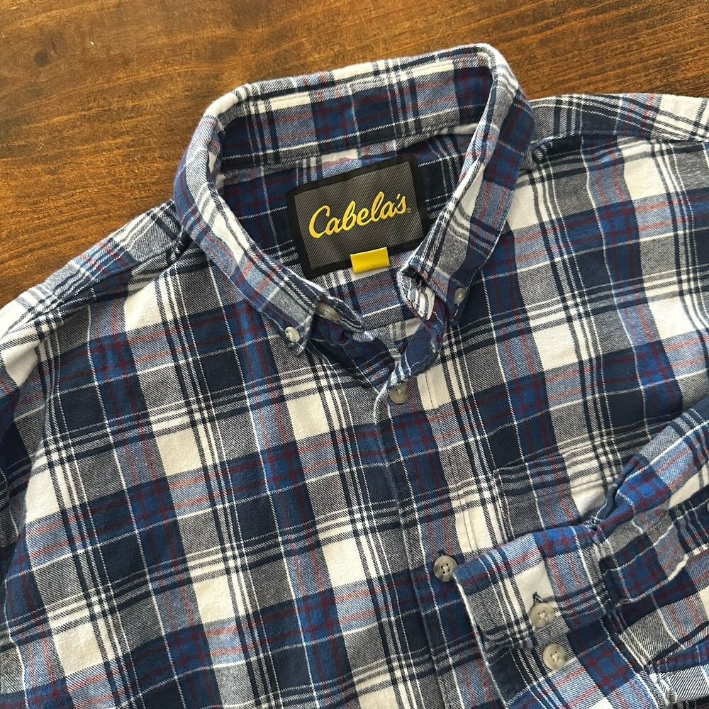 Cabelas Shirt Mens Large Blue Plaid Flannel Long Sleeve Button Down Cotton